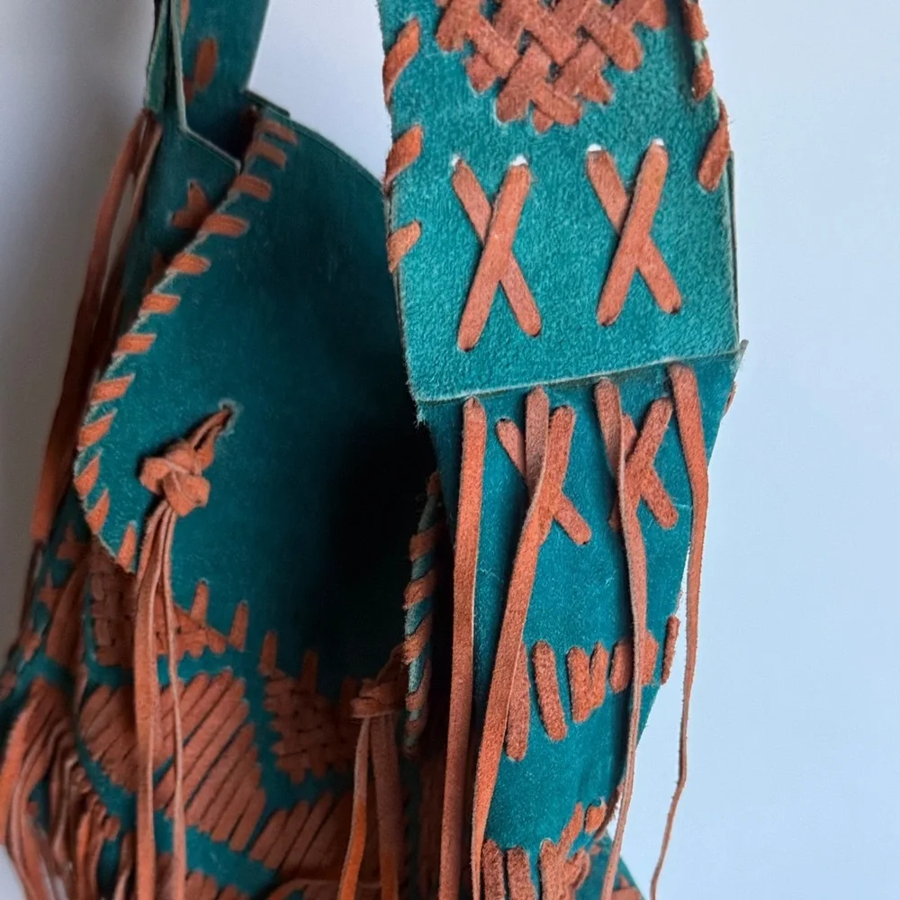 Bohemian Fringe Suede Shoulder Bag - Teal and Brown - Picture 3 of 6